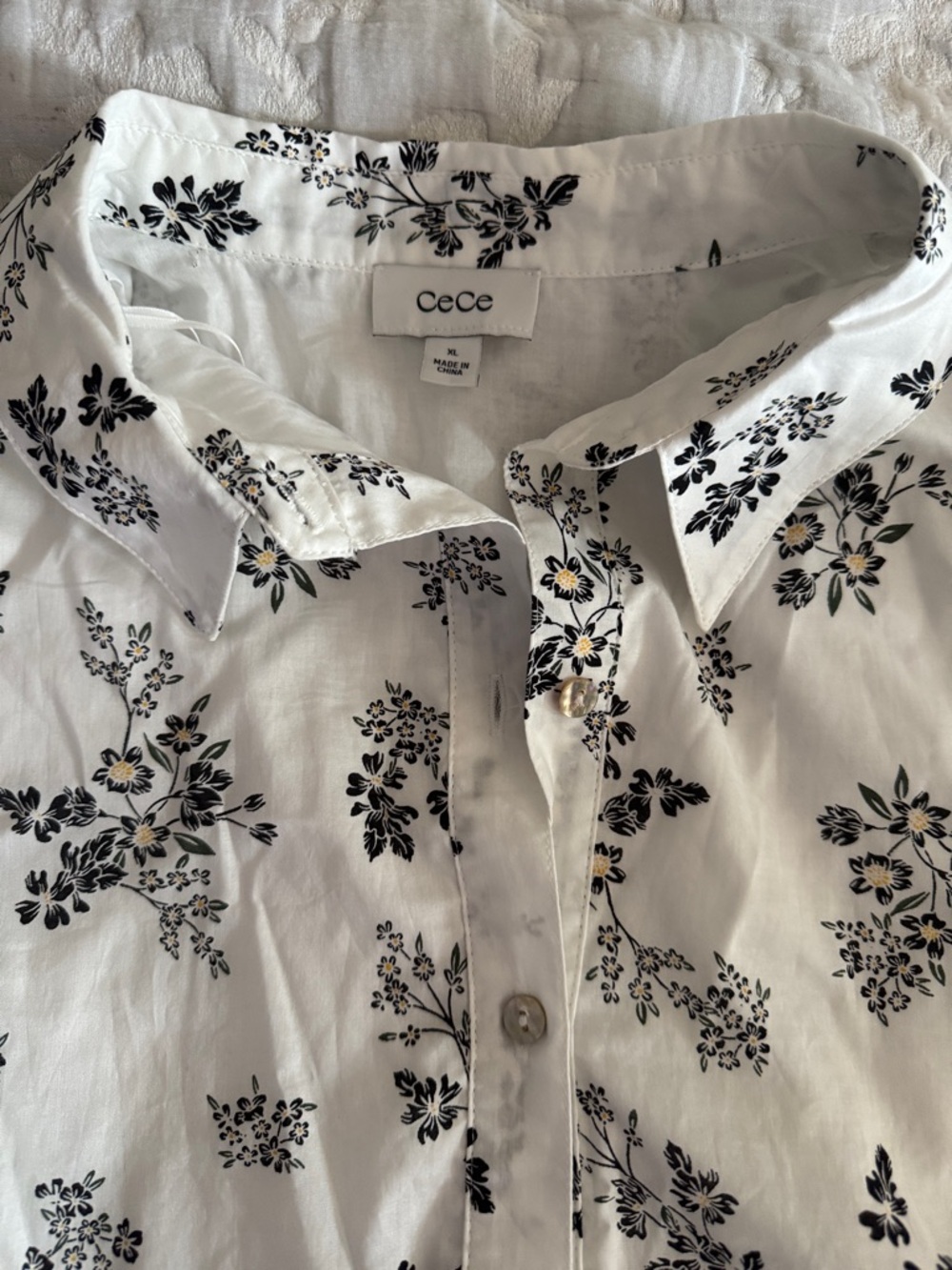CeCe White Blouse with Black Floral Print and Yellow Accents